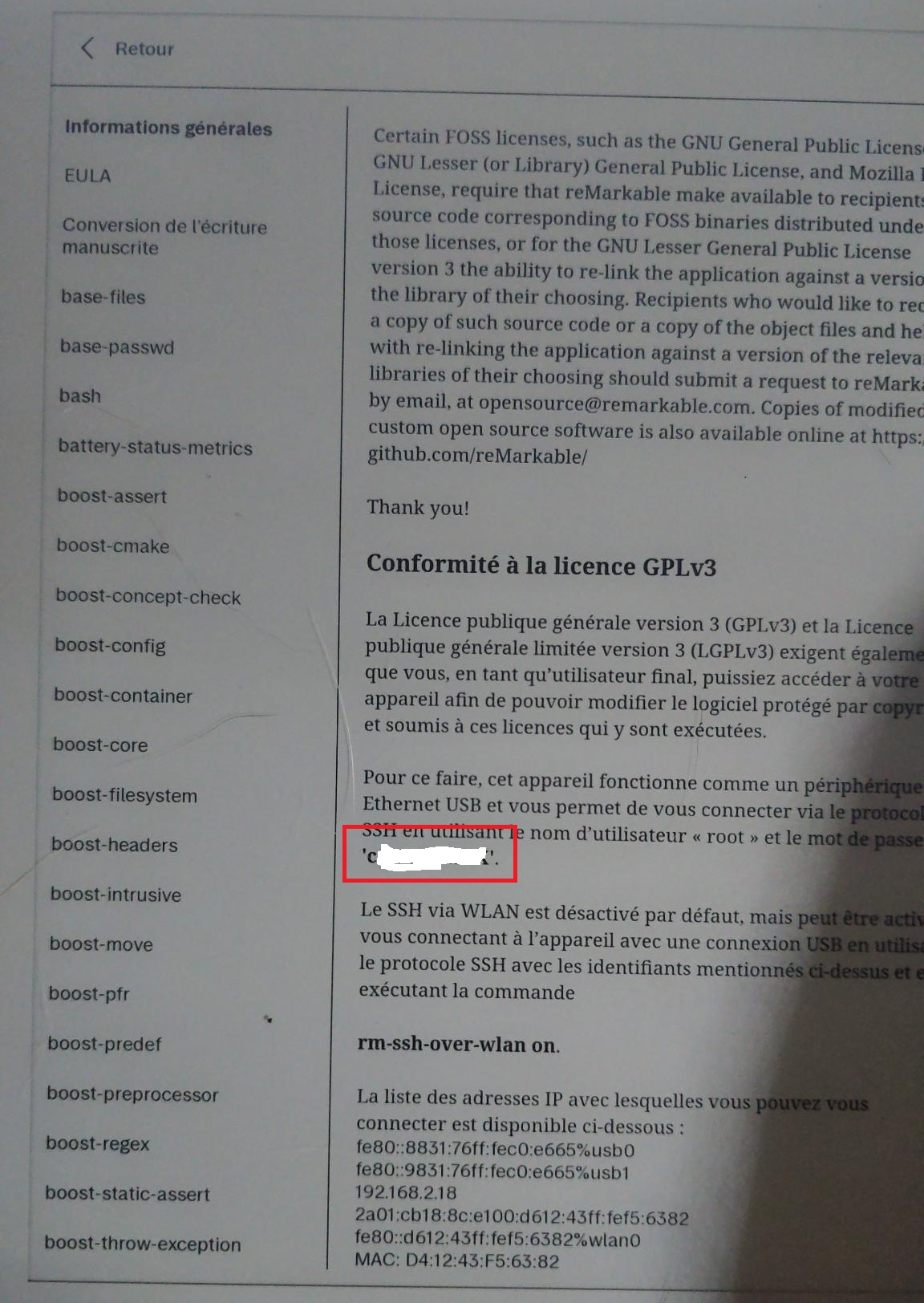 Page des licences indiquant les informations de connexion SSH