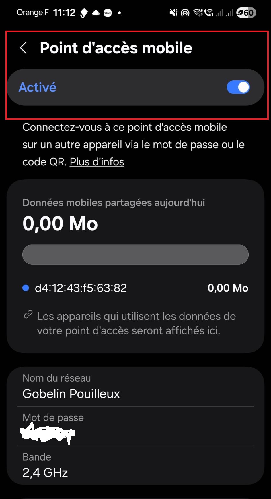 Point d'accès mobile activé sur Android