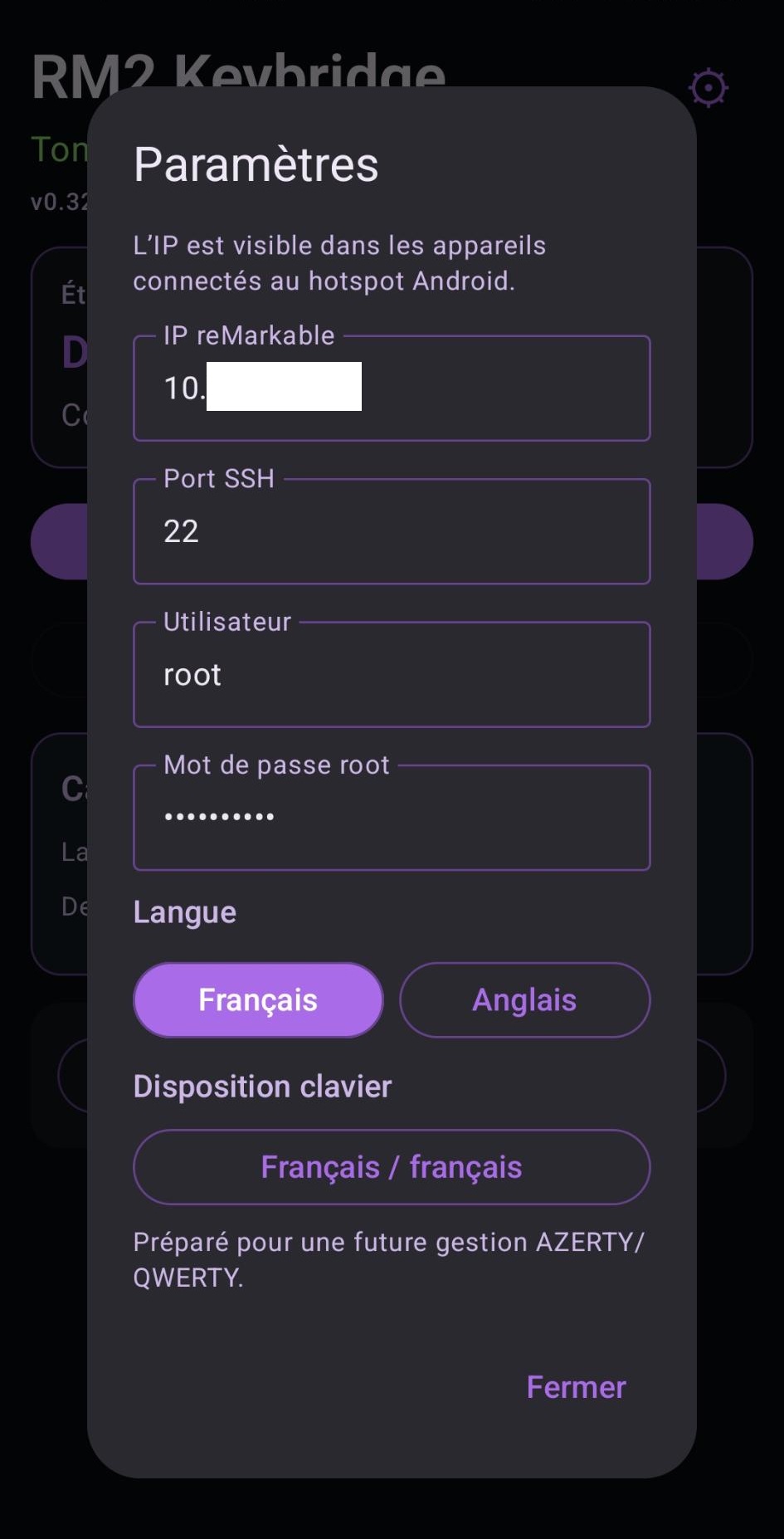 Paramètres de connexion de RM2 Keybridge