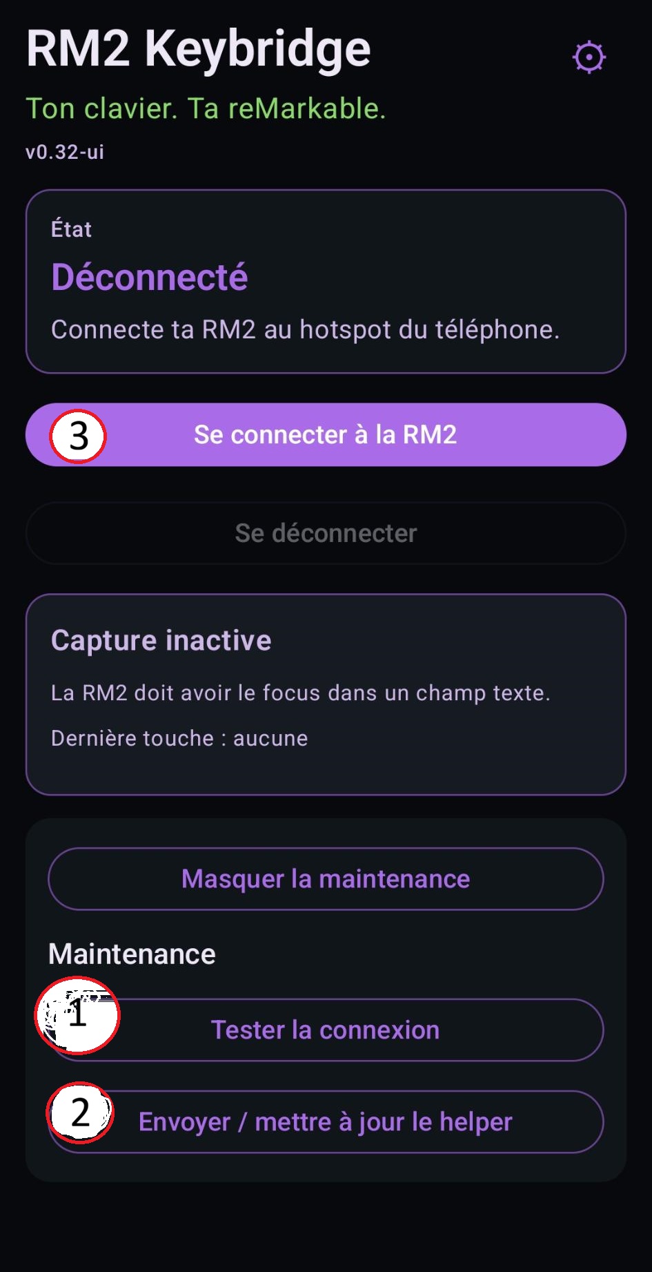 Boutons de test, d'envoi du helper et de connexion