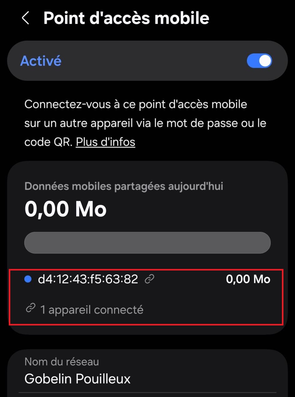 Appareil connecté au point d'accès Android